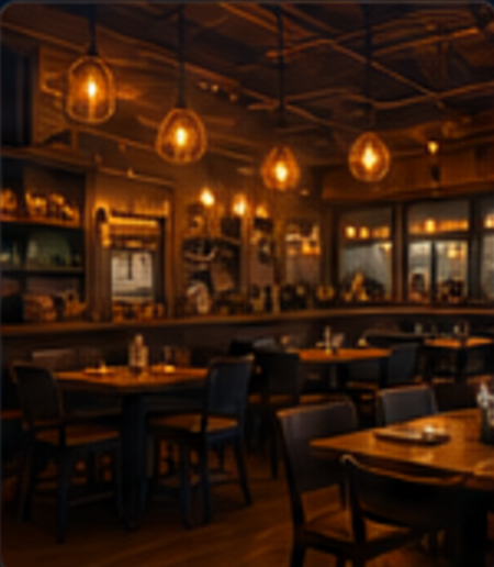 Warm dining room interior with pendant lighting