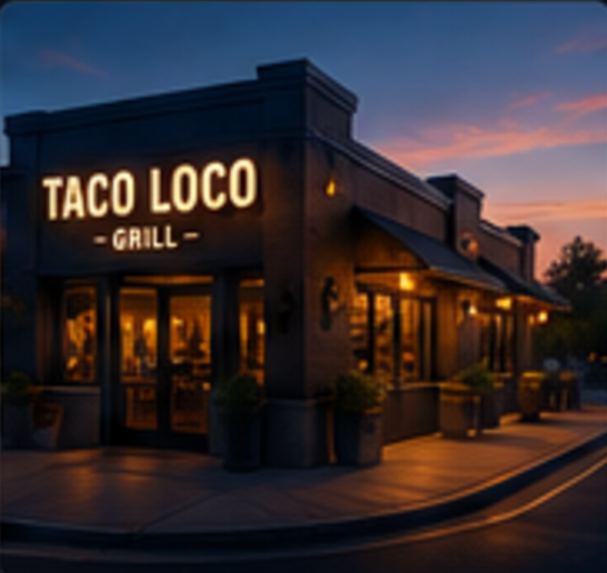 Taco Loco Grill storefront lit up at dusk